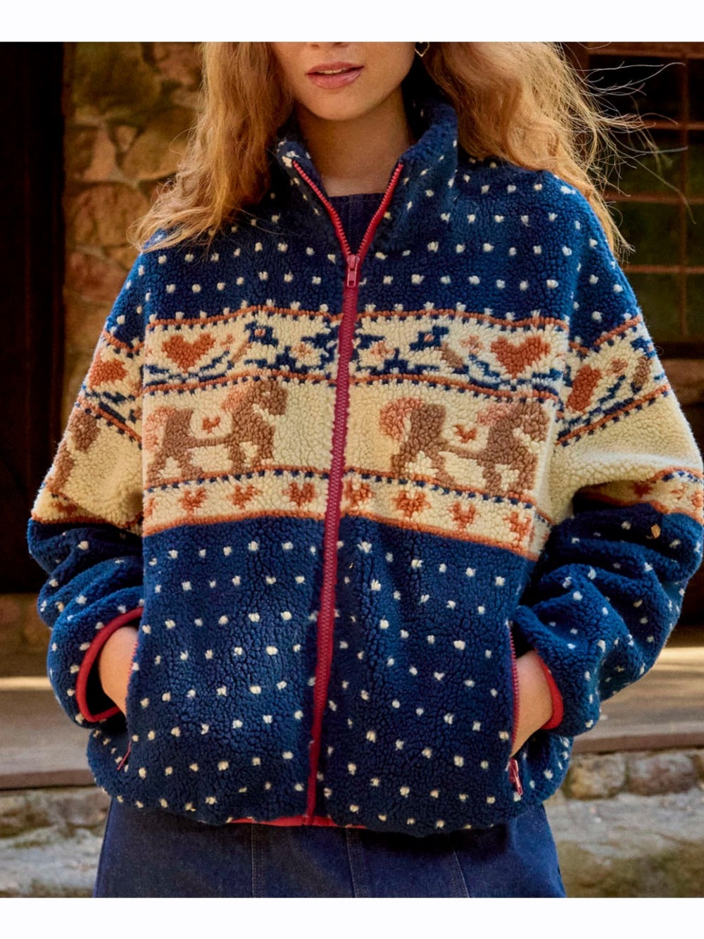 CIDER Fair Isle Horse Teddy Sherpa Fleece Jacket Women’s L Navy Equestrian Zip